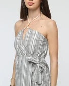 Kuşaklı çizgili mini keten elbise thumbnail 7