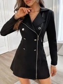 Kadın Uzun Kollu Yakalı Fermuarlı Düğme Detaylı Kısa Scuba Ceket thumbnail 2