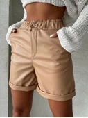 Beli lastikli duble paça deri şort bej w24755 thumbnail 1