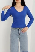 V yaka kaşkorse bluz saks mavisi a3699 thumbnail 1