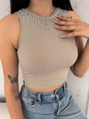 fitilli kaşkorse yakası zincirli atlet vizon thumbnail 1