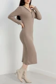 Fermuar detaylı fitilli şardonlu elbise bej a3178 thumbnail 3