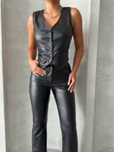 Kaplama düğmeli deri yelek siyah s24398 thumbnail 7