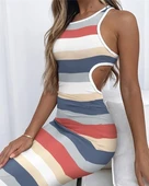 Kadın Kolsuz Bel Dekolte Detay şerit Desenli Pegasus Kumaş Elbise thumbnail 1