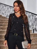 Kadın Uzun Kollu V Yakalı Dantelli Taşlı Sandy Bluz thumbnail 3