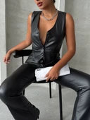 Kaplama düğmeli deri yelek siyah s24398 thumbnail 2