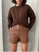 Beli lastikli çıtçıtlı deri şort kahve w241007 thumbnail 1
