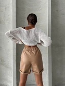 Beli lastikli duble paça deri şort bej w24755 thumbnail 2