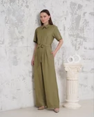 Kuşaklı gömlek yaka salaş tulum haki s255822 thumbnail 5