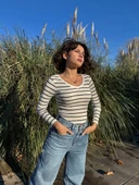 V yaka çizgili bluz beyaz A3699 thumbnail 2