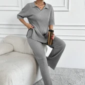 Geniş fitilli polo yaka kısa kol takım thumbnail 2