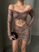 Büzgülü etek bluz takım kahve s24709 thumbnail 1