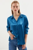 3964 Hafif Dökümlü Saten Gömlek - Petrol thumbnail 1