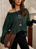 Kadın Tek Omuzdan Açık Yarasa Kollu Waffle Bluz thumbnail 1