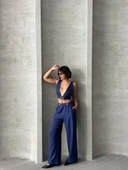 Crop pantolon keten takım s255012 thumbnail 2