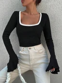 Kare yaka garni detay ispanyol kol bluz siyah a3105 thumbnail 2