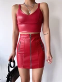 Üç fermuarlı deri etek bordo s24510 thumbnail 4