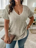 22Kadın Kısa Kollu V Yaka Fitilli Kaşkorse Bluz thumbnail 1