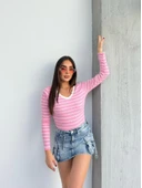 V yaka çizgili bluz pembe A3699 thumbnail 3