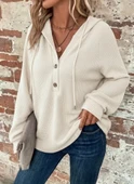 Kadın Uzun Kollu Kapşonlu önü Düğmeli Ve Bağcıklı Waffle Bluz thumbnail 2