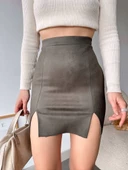 Çift yurtmaçlı süet etek haki s241002 thumbnail 1