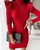 Kadın Uzun Kollu Balıkçı Yaka Omuzlarda Pile Inci Detay Kaşkorse Elbise thumbnail 2