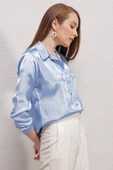 3964 Hafif Dökümlü Saten Gömlek - Mavi thumbnail 4