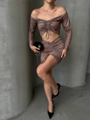 Büzgülü etek bluz takım kahve s24709 thumbnail 6