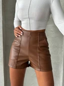 Parçalı cepli deri şort taba w26312 thumbnail 6