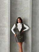 Deri jile elbise haki w24796 thumbnail 4