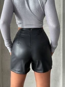 Parçalı cepli deri şort siyah w26312 thumbnail 7