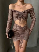 Büzgülü etek bluz takım kahve s24709 thumbnail 3