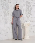 Kuşaklı gömlek yaka salaş tulum gri s255822 thumbnail 3