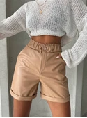 Beli lastikli duble paça deri şort bej w24755 thumbnail 5