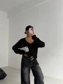 Küçük düğmeli küçük örgülü triko hırka siyah thumbnail 2