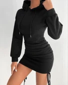 3 iplik şardonlu kapşonlu elbise siyah thumbnail 3