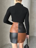 Damalı deri etek siyah kahve w24648 thumbnail 5