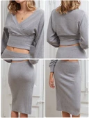 Kruvaze şardonlu etekli takım gri thumbnail 5