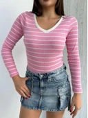 V yaka çizgili bluz pembe A3699 thumbnail 6