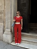 Crop pantolon biyeli takım kırmızı thumbnail 5
