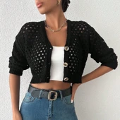 Büyük düğmeli delikli hırka siyah thumbnail 1