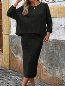 Kadın Uzun Kollu Yuvarlak Yakalı şardonlu Kaşkorse Bluz Ve Etek Ikili Takım thumbnail 4