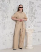 Kuşaklı gömlek yaka salaş tulum bej s255822 thumbnail 1