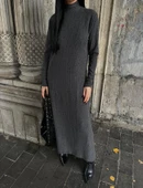 Boğazlı kalın bürümcük uzun elbise siyah thumbnail 2