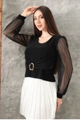 Tokalı tül kollu bluz siyah t4071 thumbnail 2