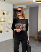 Kadın Kadife Kumaş Leopar Desenli Omuz Detay Uzun Kollu Bluz thumbnail 7