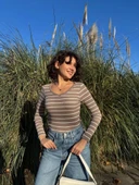 V yaka çizgili bluz bej A3699 thumbnail 2