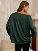 Kadın Tek Omuzdan Açık Yarasa Kollu Waffle Bluz thumbnail 4