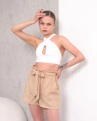 Kuşaklı keten şort bej s255265 thumbnail 2