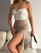 Kadın Fermuarlı Deri Kumaş Mini Etek thumbnail 3